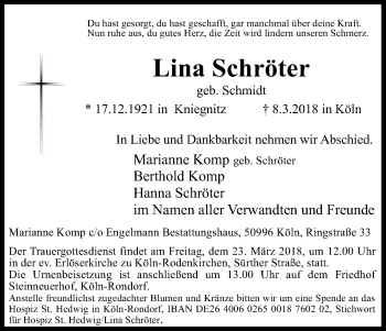 Anzeige von Lina Schröter von Kölner Stadt-Anzeiger / Kölnische Rundschau / Express