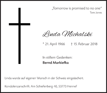 Anzeige von Linda Michalski von  Rhein-Sieg-Wochenende 