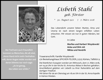 Anzeige von Lisbeth Stafi von Kölner Stadt-Anzeiger / Kölnische Rundschau / Express