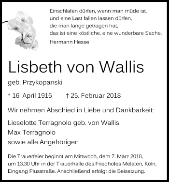Anzeige von Lisbeth von Wallis von Kölner Stadt-Anzeiger / Kölnische Rundschau / Express