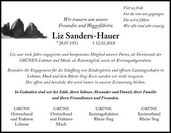 Anzeige von Liz Sanders-Hauer von Kölner Stadt-Anzeiger / Kölnische Rundschau / Express