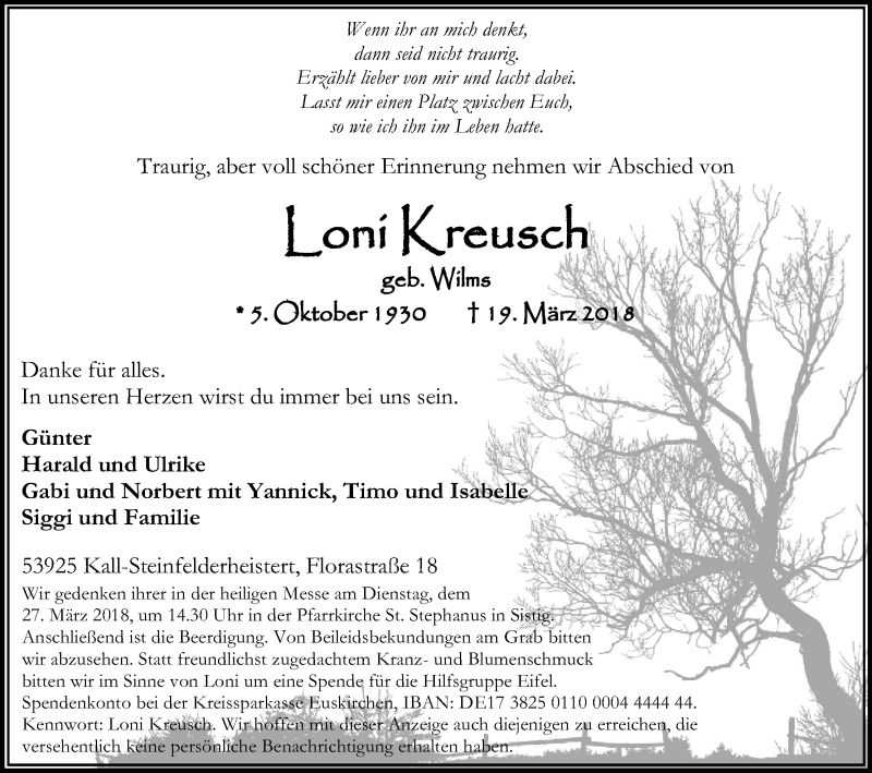  Traueranzeige für Loni Kreusch vom 27.03.2018 aus Kölner Stadt-Anzeiger / Kölnische Rundschau / Express