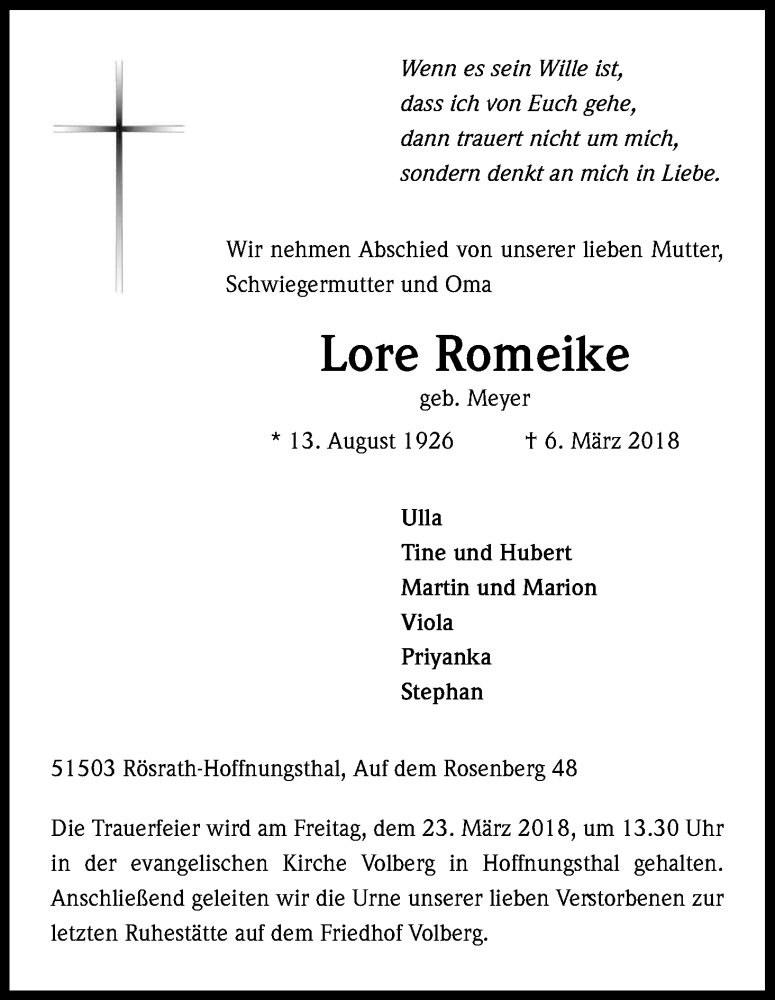  Traueranzeige für Lore Romeike vom 17.03.2018 aus Kölner Stadt-Anzeiger / Kölnische Rundschau / Express