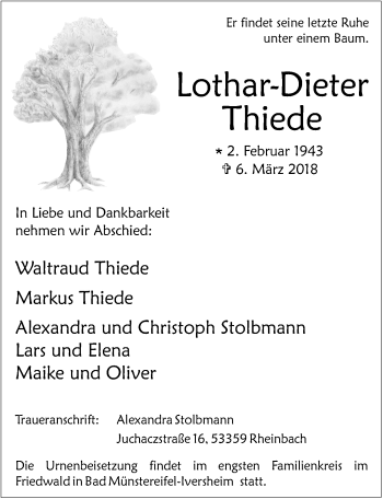 Anzeige von Lothar-Dieter Thiede von  Schaufenster/Blickpunkt 