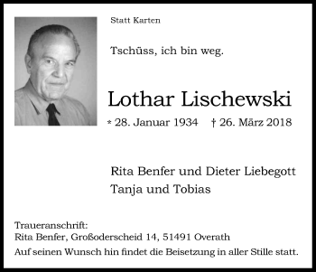 Anzeige von Lothar Lischewski von Kölner Stadt-Anzeiger / Kölnische Rundschau / Express