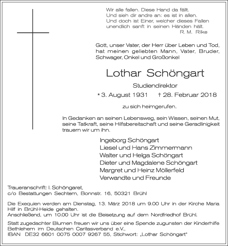  Traueranzeige für Lothar Schöngart vom 07.03.2018 aus  Schlossbote/Werbekurier 