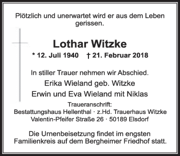 Anzeige von Lothar Witzke von  Sonntags-Post 