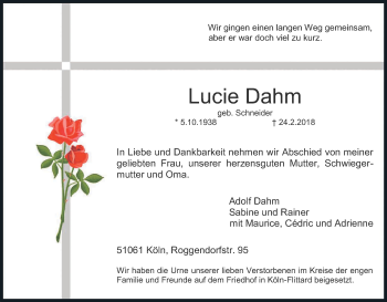 Anzeige von Lucie Dahm von Kölner Stadt-Anzeiger / Kölnische Rundschau / Express