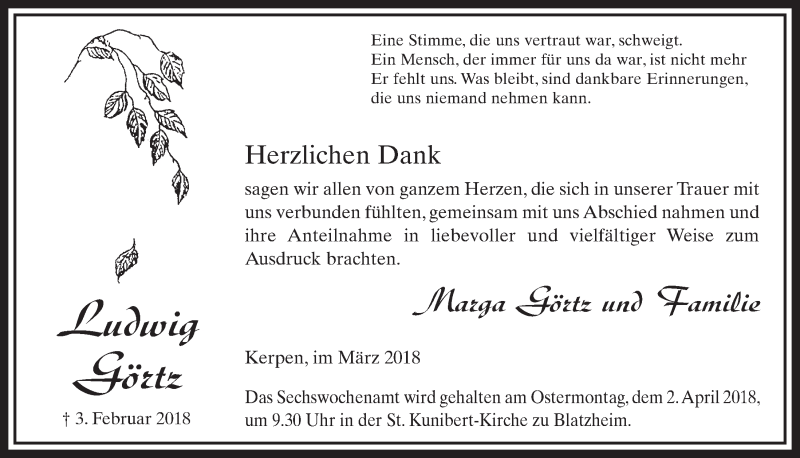  Traueranzeige für Ludwig Görtz vom 24.03.2018 aus  Sonntags-Post 