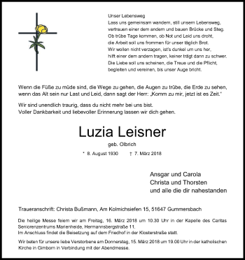 Anzeige von Luzia Leisner von Kölner Stadt-Anzeiger / Kölnische Rundschau / Express
