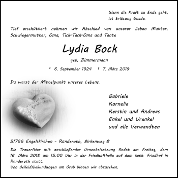Anzeige von Lydia Bock von  Anzeigen Echo 