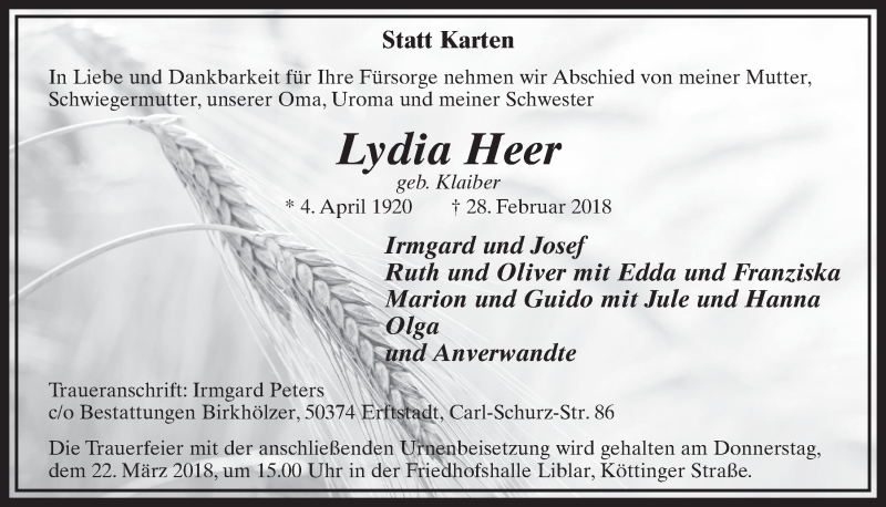  Traueranzeige für Lydia Heer vom 17.03.2018 aus  Sonntags-Post 
