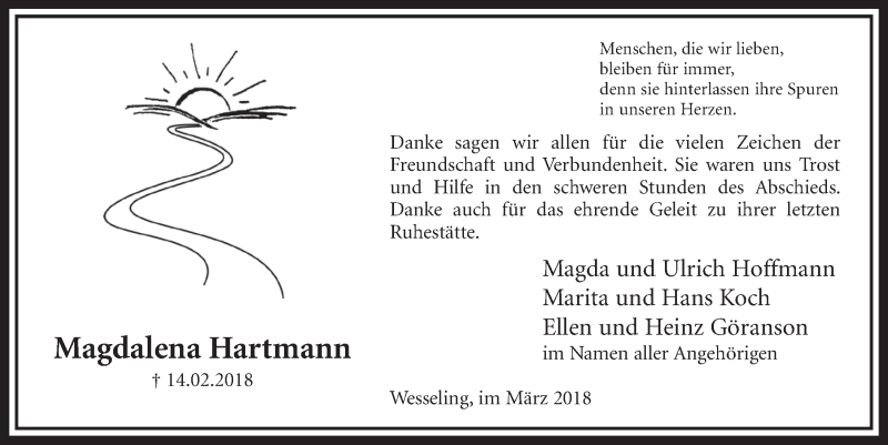  Traueranzeige für Magdalena Hartmann vom 14.03.2018 aus  Schlossbote/Werbekurier 