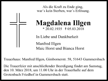 Anzeige von Magdalena Illgen von Kölner Stadt-Anzeiger / Kölnische Rundschau / Express