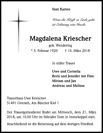 Anzeige von Magdalena Kriescher von Kölner Stadt-Anzeiger / Kölnische Rundschau / Express