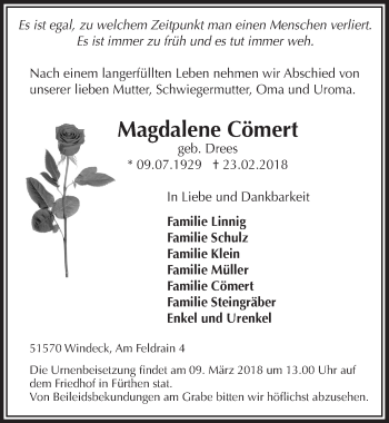 Anzeige von Magdalene Cömert von  Lokalanzeiger 