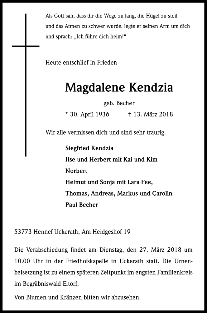  Traueranzeige für Magdalene Kendzia vom 19.03.2018 aus Kölner Stadt-Anzeiger / Kölnische Rundschau / Express