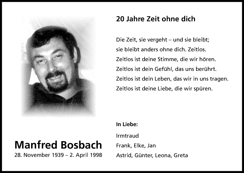  Traueranzeige für Manfred Bosbach vom 31.03.2018 aus Kölner Stadt-Anzeiger / Kölnische Rundschau / Express