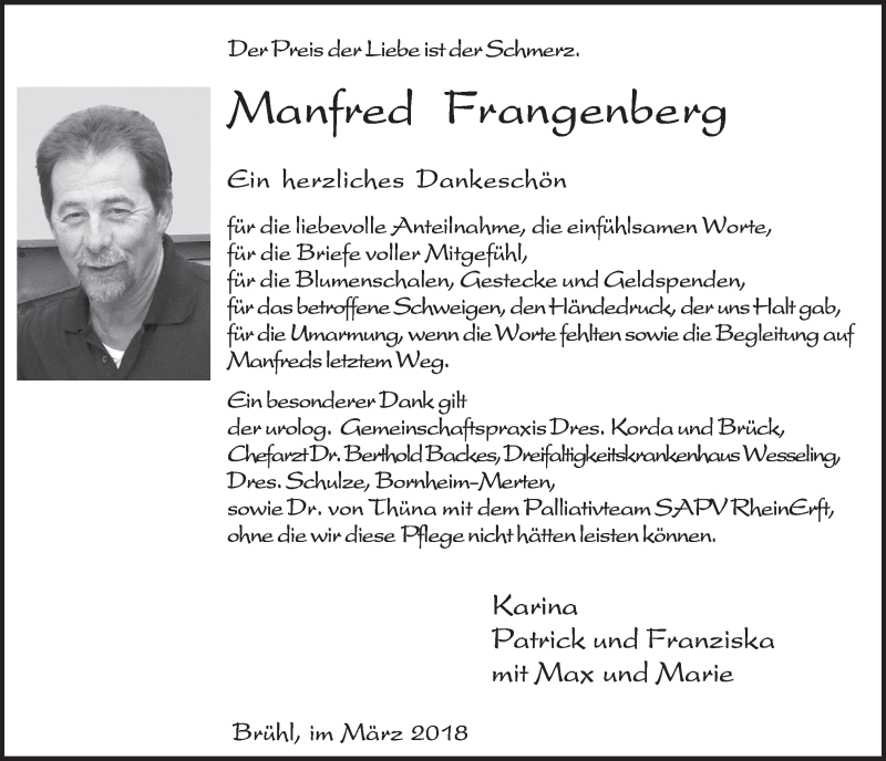  Traueranzeige für Manfred Frangenberg vom 21.03.2018 aus  Schlossbote/Werbekurier 