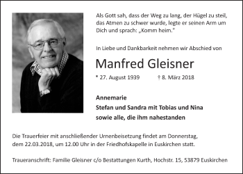 Anzeige von Manfred Gleisner von  Blickpunkt Euskirchen 