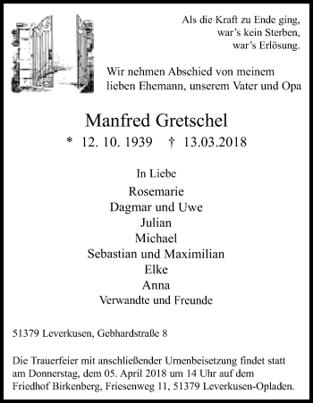 Anzeige von Manfred Gretschel von Kölner Stadt-Anzeiger / Kölnische Rundschau / Express