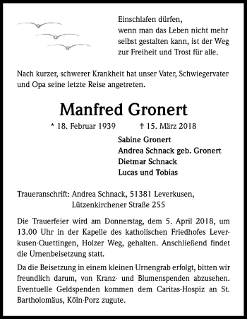 Anzeige von Manfred Gronert von Kölner Stadt-Anzeiger / Kölnische Rundschau / Express