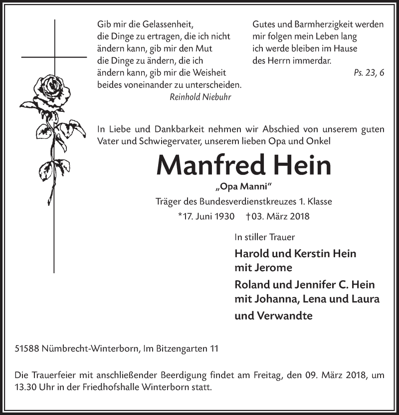  Traueranzeige für Manfred Hein vom 07.03.2018 aus  Lokalanzeiger 