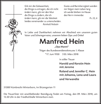 Anzeige von Manfred Hein von  Lokalanzeiger 