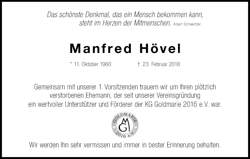  Traueranzeige für Manfred Hövel vom 03.03.2018 aus Kölner Stadt-Anzeiger / Kölnische Rundschau / Express