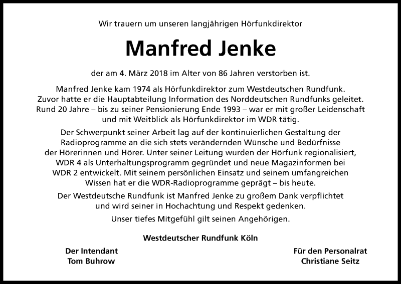  Traueranzeige für Manfred Jenke vom 17.03.2018 aus Kölner Stadt-Anzeiger / Kölnische Rundschau / Express