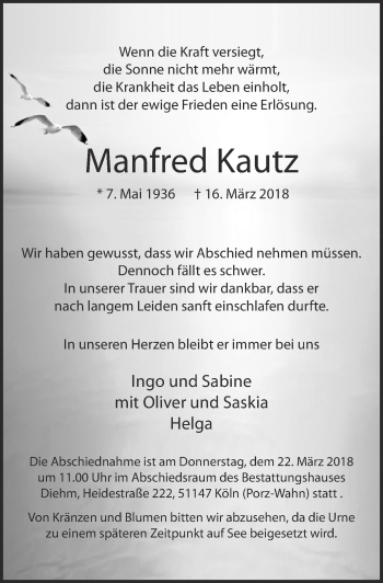 Anzeige von Manfred Kautz von  Kölner Wochenspiegel 