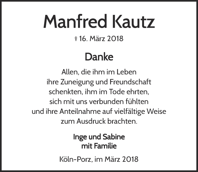  Traueranzeige für Manfred Kautz vom 28.03.2018 aus  Kölner Wochenspiegel 