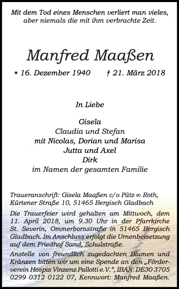  Traueranzeige für Manfred Maaßen vom 31.03.2018 aus Kölner Stadt-Anzeiger / Kölnische Rundschau / Express