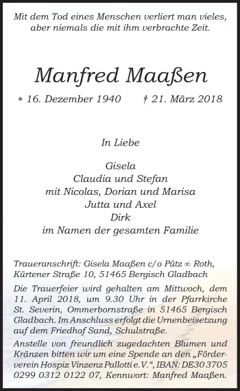 Anzeige von Manfred Maaßen von  Bergisches Handelsblatt 