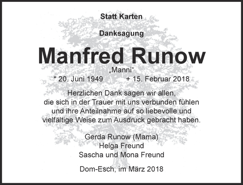  Traueranzeige für Manfred Runow vom 31.03.2018 aus  Blickpunkt Euskirchen 