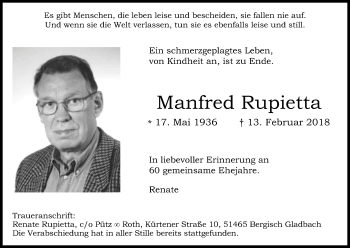 Anzeige von Manfred Rupietta von Kölner Stadt-Anzeiger / Kölnische Rundschau / Express