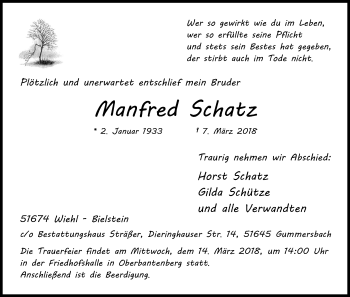 Anzeige von Manfred Schatz von Kölner Stadt-Anzeiger / Kölnische Rundschau / Express