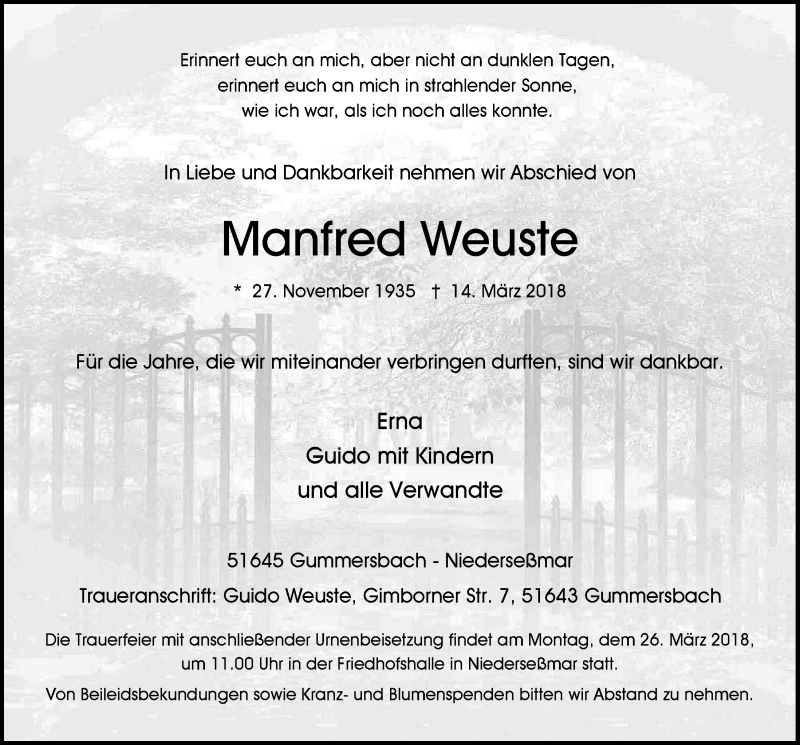  Traueranzeige für Manfred Weuste vom 21.03.2018 aus  Anzeigen Echo 