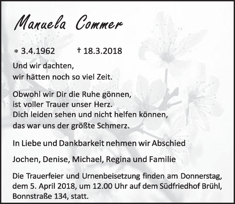  Traueranzeige für Manuela Commer vom 28.03.2018 aus  Schlossbote/Werbekurier 