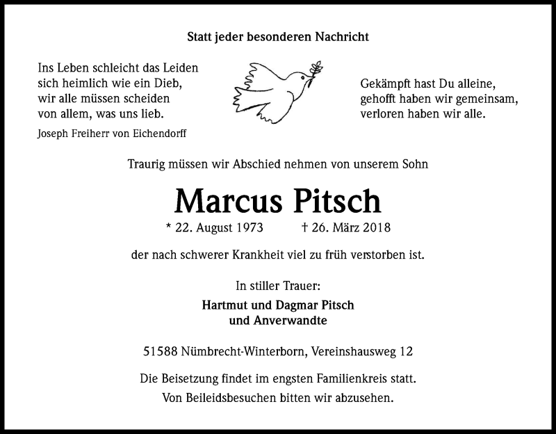  Traueranzeige für Marcus Pitsch vom 31.03.2018 aus Kölner Stadt-Anzeiger / Kölnische Rundschau / Express