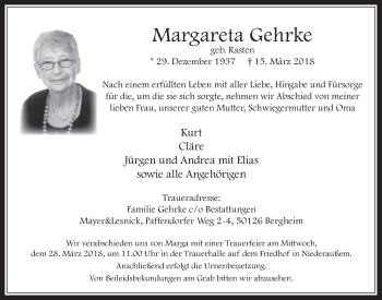Anzeige von Margareta Gehrke von  Werbepost 