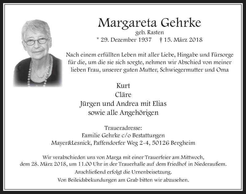 Traueranzeige für Margareta Gehrke vom 21.03.2018 aus  Werbepost 