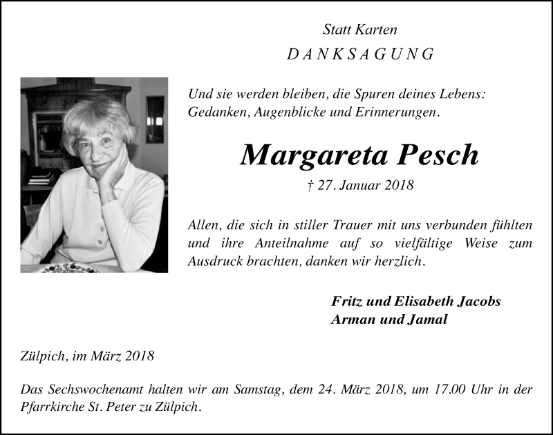  Traueranzeige für Margareta Pesch vom 17.03.2018 aus  Blickpunkt Euskirchen 