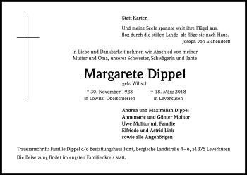 Anzeige von Margarete Dippel von Kölner Stadt-Anzeiger / Kölnische Rundschau / Express