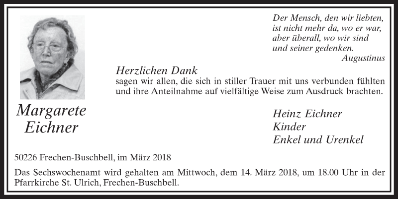  Traueranzeige für Margarete Eichner vom 10.03.2018 aus  Sonntags-Post 
