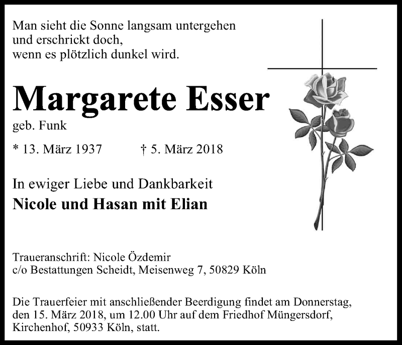  Traueranzeige für Margarete Esser vom 10.03.2018 aus Kölner Stadt-Anzeiger / Kölnische Rundschau / Express
