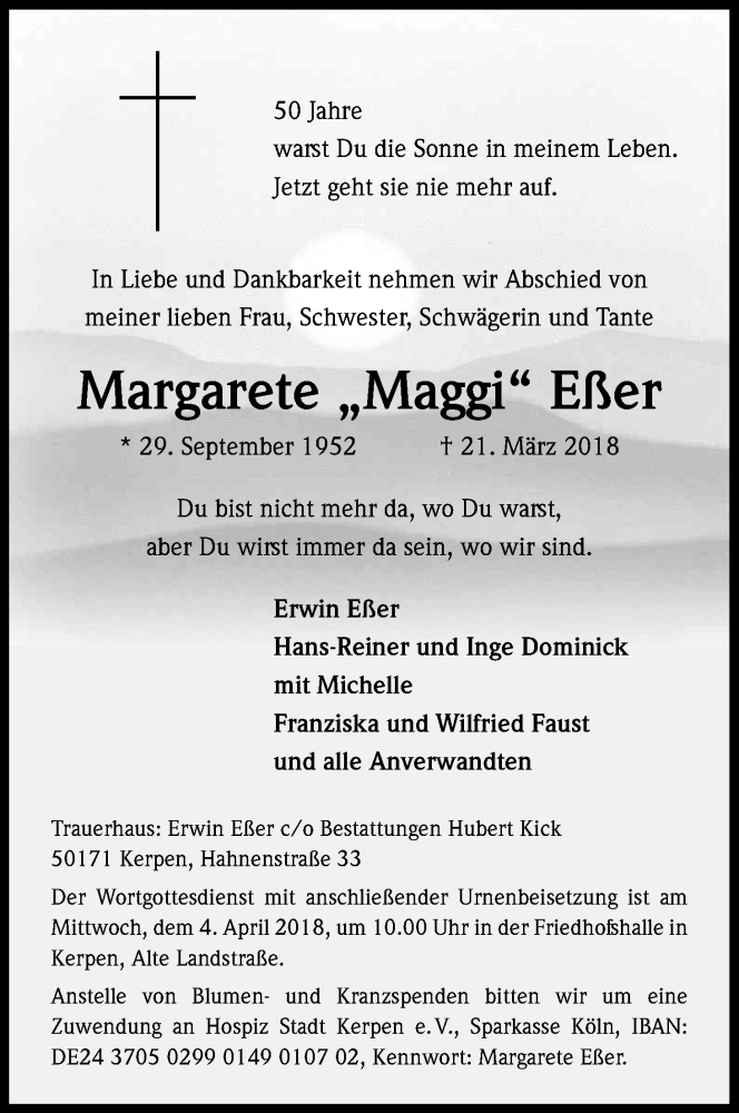 Traueranzeige für Margarete Eßer vom 31.03.2018 aus Kölner Stadt-Anzeiger / Kölnische Rundschau / Express
