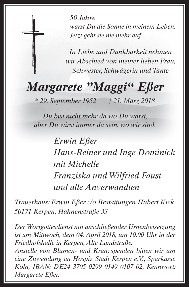  Traueranzeige für Margarete Eßer vom 28.03.2018 aus  Werbepost 