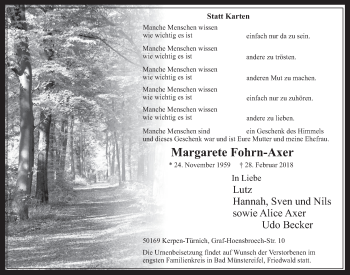 Anzeige von Margarete Fohrn-Axer von  Werbepost 