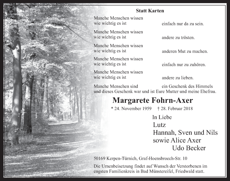  Traueranzeige für Margarete Fohrn-Axer vom 07.03.2018 aus  Werbepost 